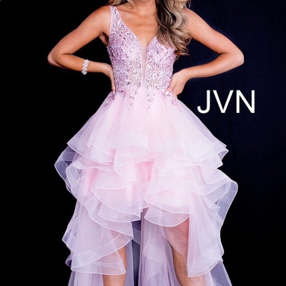 Pink High Low Ruffle Embellished Prom Dress - Picture 4 of 6